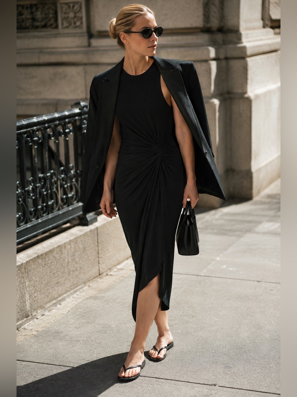EXPRESS Black Asymmetrical Ruched Midi Sheath Dress Size M effortless versatile - Picture 7 of 9
